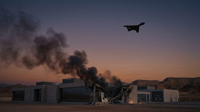 Un dron sobrevuela un centro de datos en llamas en un paisaje desértico durante el atardecer, tras un ataque militar.
