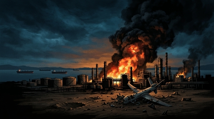 Refinería en llamas y restos de dron en primer plano tras ataques en el Golfo Pérsico.