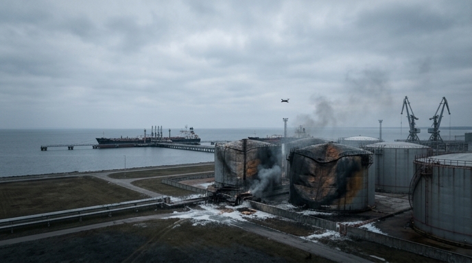 Un dron sobre vuela una terminal petrolera dañada con humo y tanques abollados en un día nublado.