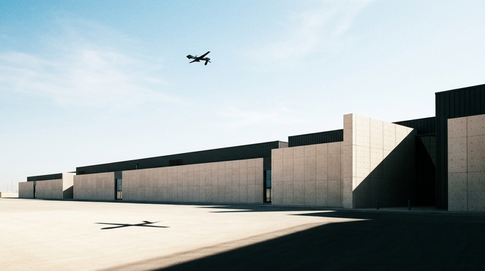 Un dron militar vuela sobre un centro de datos minimalista en Bahréin, proyectando una sombra nítida en el suelo.
