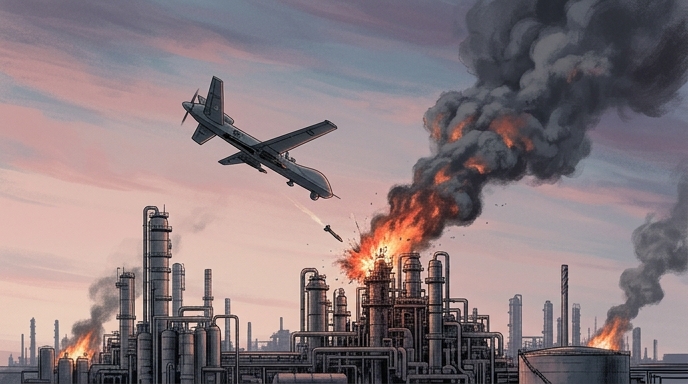 Una ilustración editorial de una refinería bajo ataque de drones, con fuego y columnas de humo negro.
