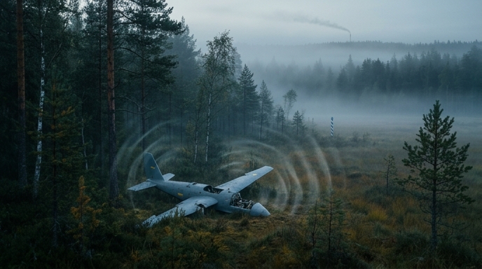 Un dron militar dañado en un bosque finlandés, con ondas radiales que sugieren interferencia electrónica.