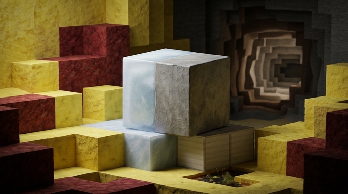 Alt text: Ilustración editorial de cubos de Minecraft en una cueva de azufre amarilla y roja, con texturas realistas y un túnel oscuro.