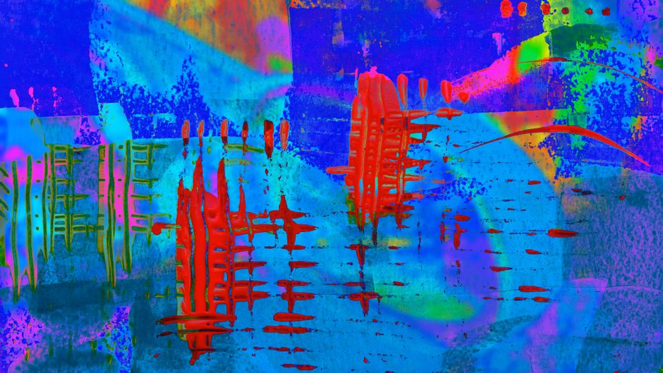 Obra de arte abstracta dinámica con intensos azules, rojos y verdes en una composición fluida.
