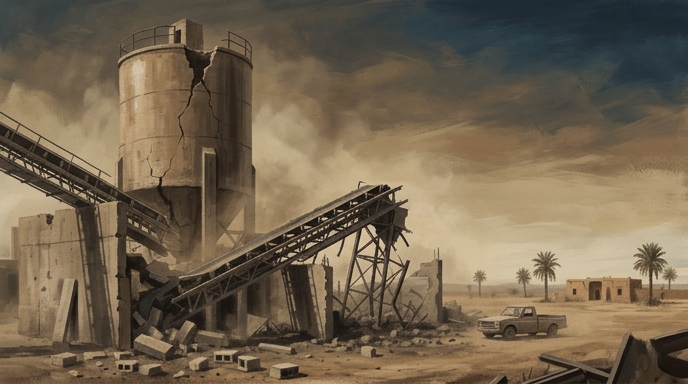 Ilustración de una planta industrial en ruinas en un paisaje desértico con palmeras.