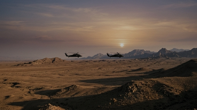 Dos helicópteros militares vuelan bajo sobre un vasto y árido terreno desértico montañoso durante el atardecer.