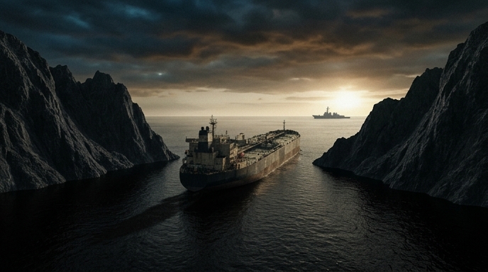 Un buque petrolero navega por un estrecho custodiado por montañas y un barco de guerra al atardecer.