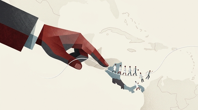 Ilustración de una mano deteniendo el avance de médicos cubanos sobre un mapa de América Latina.