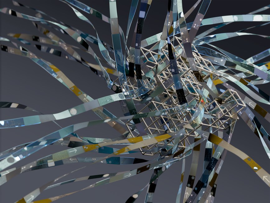 Estructura compleja con cintas dinámicas en una composición 3D abstracta.