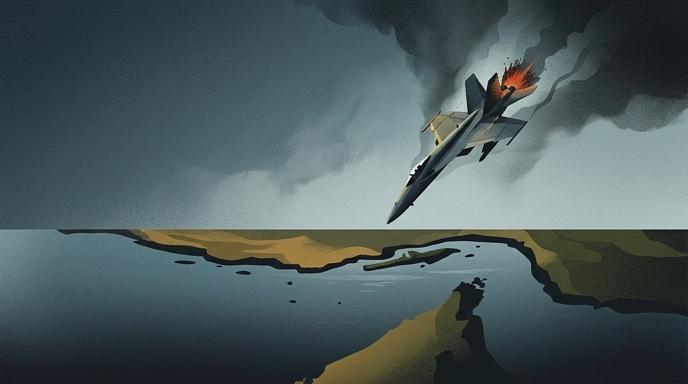 ** Un caza militar en llamas cae en picado hacia el mar cerca de una isla, reflejando el conflicto en el Golfo.