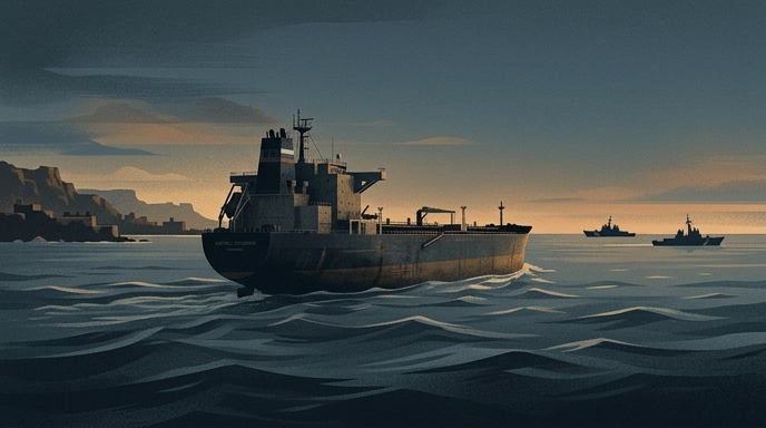 Un petrolero ruso navega cerca de la costa cubana mientras dos barcos estadounidenses observan en la distancia.