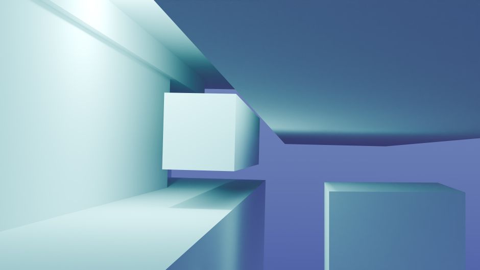 Representación 3D abstracta moderna con cubos geométricos flotantes en suaves tonos azules, perfecta para fondos.