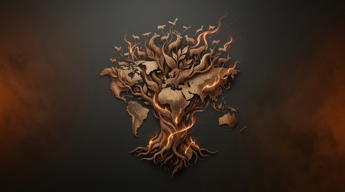 Arbol tallado en forma de mapamundi con siluetas de animales amenazados por líneas de fuego sobre fondo oscuro.