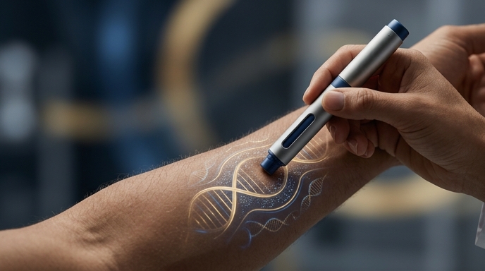 Una mano sostiene un bolígrafo médico sobre un brazo que muestra patrones de ADN brillantes, simbolizando la medicina de precisión.