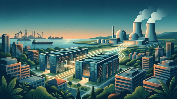 Ilustración editorial de centros de datos en el sudeste asiático alimentados por energía nuclear para impulsar la IA.