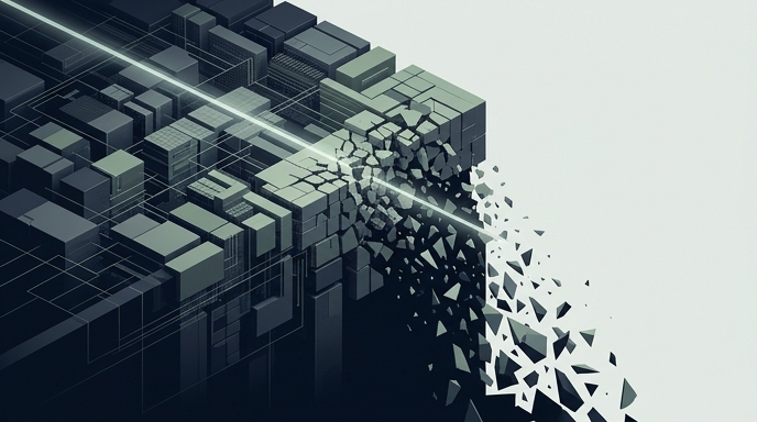 Ilustración editorial que muestra un haz de luz atravesando y fragmentando una estructura de datos abstracta y geométrica.