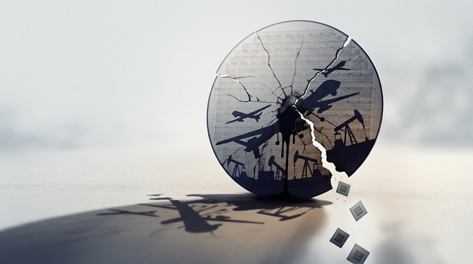 Un gran wafer de silicio agrietado, con una silueta de drones y plataformas de petróleo que lo asfixia y rompe.