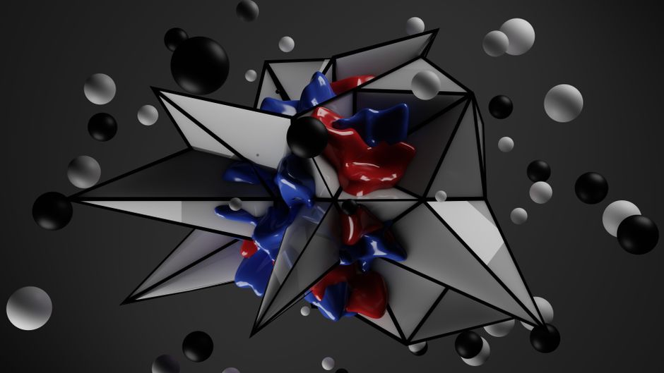 Diseño 3D abstracto dinámico con formas geométricas y acentos vibrantes en rojo y azul.