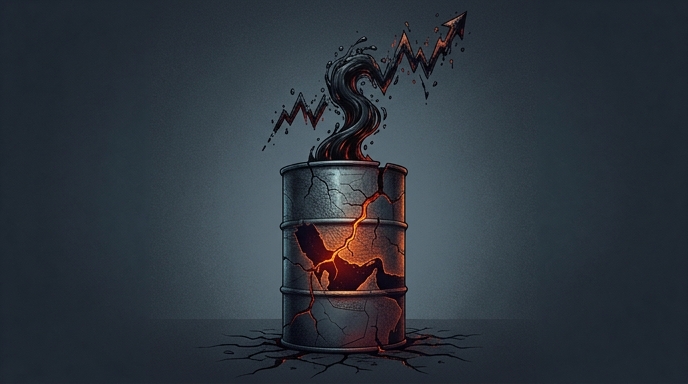 Barril de petróleo agrietado con mapa de Irán, expulsando un chorro de crudo que forma una flecha de gráfico financiero ascendente.