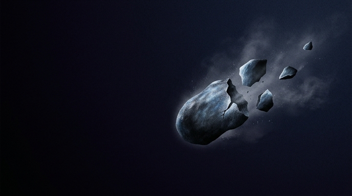 Cometa fragmentándose en cuatro trozos en el espacio profundo con un rastro de polvo sobre fondo oscuro.