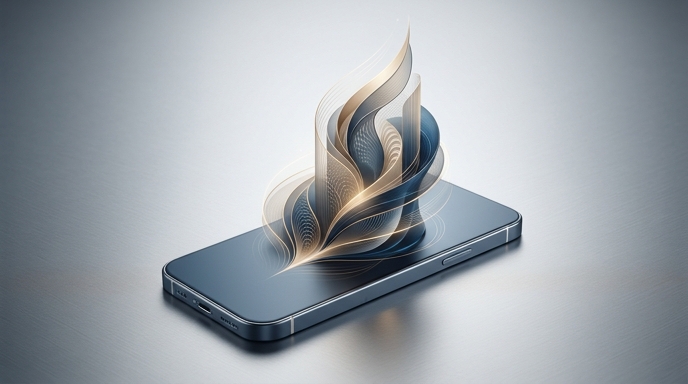 Un smartphone elegante con ondas de luz abstractas y fluidas en dorado y azul emergiendo de su pantalla.