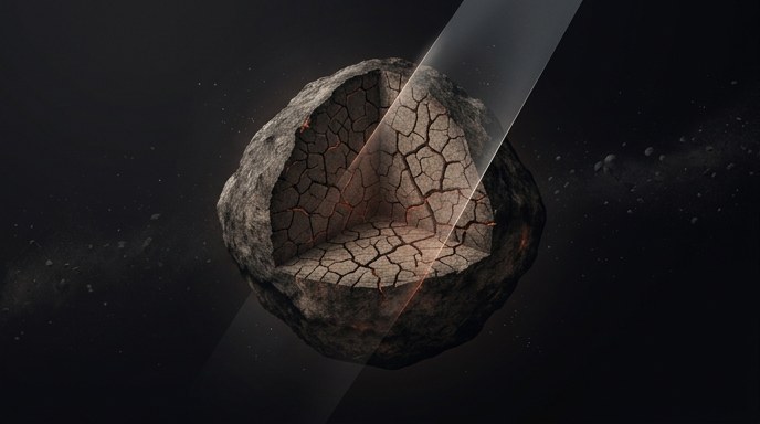 Ilustración de un asteroide en el espacio con un corte transversal que revela un interior fracturado, iluminado por un rayo de escaneo.