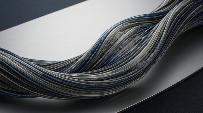 Un primer plano de fibras musculares artificiales trenzadas sobre una superficie metálica.