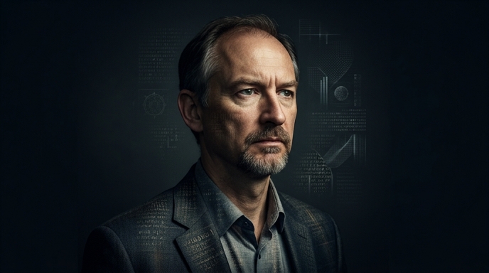 Un retrato de Adam Back con patrones criptográficos abstractos en el fondo.