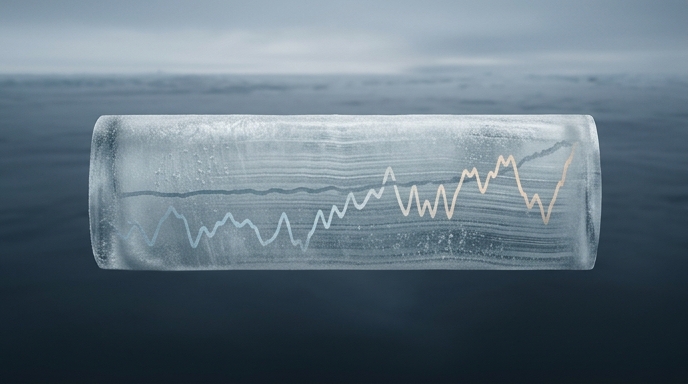Un núcleo de hielo flotando sobre aguas oscuras, con gráficos grabados que muestran fluctuaciones de temperatura y niveles de CO2.