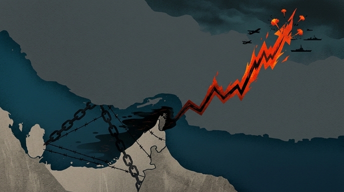 Mapa conceptual de Oriente Medio con el Estrecho de Ormuz encadenado y una gráfica de precios del petróleo subiendo en llamas.