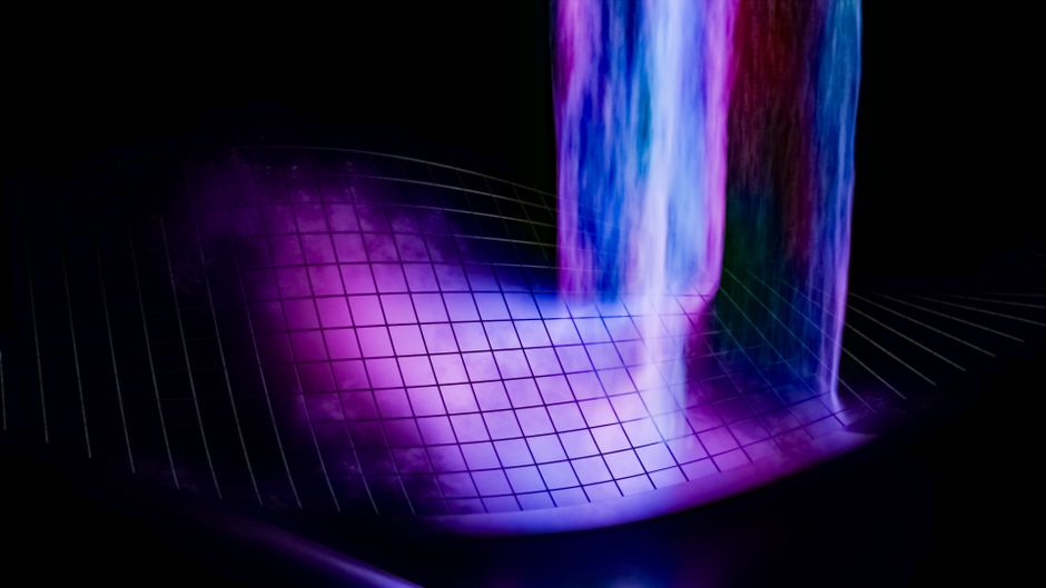 Obra de arte digital abstracta colorida con una rejilla luminosa y formas fluidas.