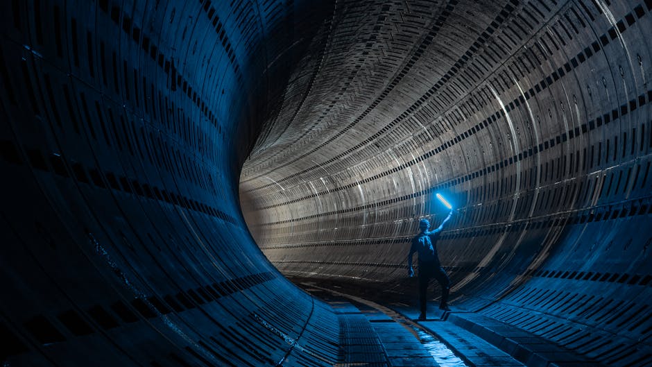 Una persona sostiene una varita de luz dentro de un túnel curvo, oscuro y futurista con iluminación azul.