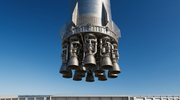 Vista de la base de un cohete Starship con sus complejos motores sobre una plataforma de lanzamiento, bajo un cielo azul despejado.