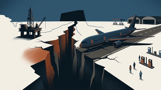 Ilustración de una fisura que separa una plataforma petrolera de un avión y gasolineras vacías, simbolizando la crisis energética global.