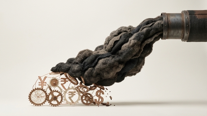 Escultura de fieltro y metal de una tubería industrial emitiendo humo sobre engranajes y símbolos de divisas.