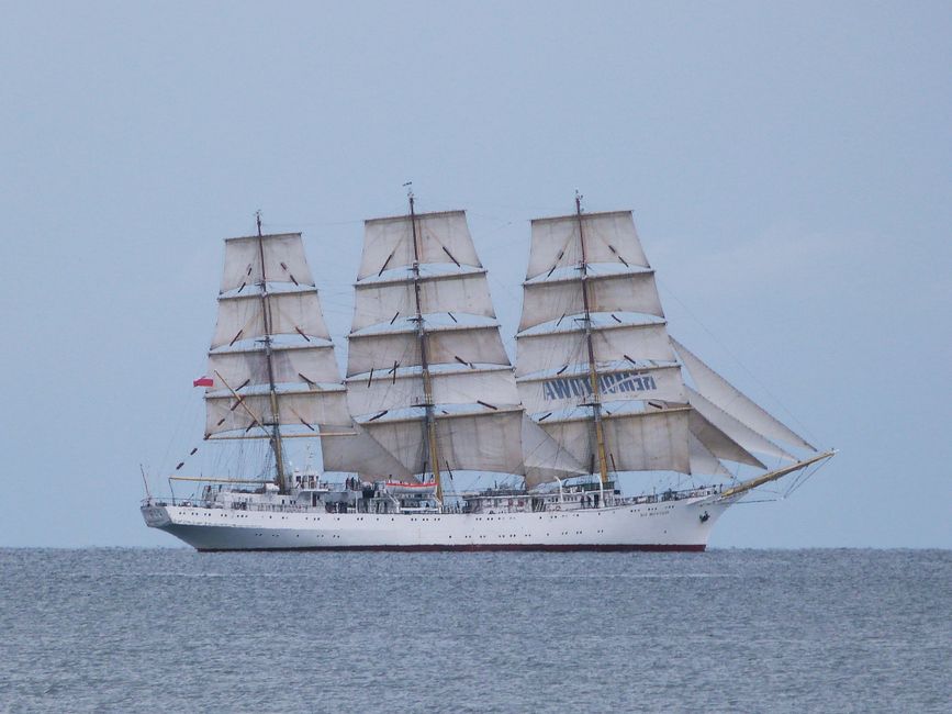 Un impresionante barco de vela blanco con velas desplegadas navega por el océano tranquilo bajo un cielo azul claro.
