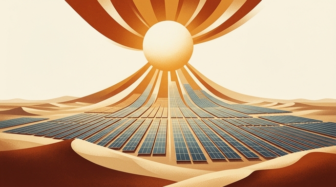 Ilustración de un vasto campo de paneles solares que se extienden a través de las dunas del desierto, representando el crecimiento de la energía solar en el CCG.