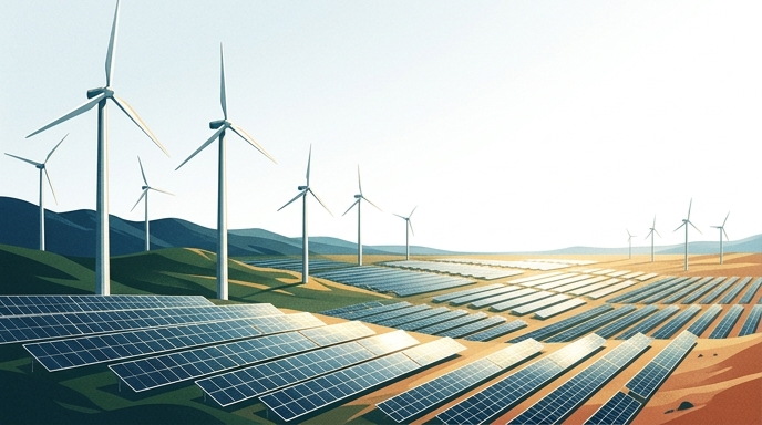 «Vista aérea de un paisaje híbrido de energías renovables, con hileras de paneles solares y aerogeneradores»

This illustration captures the scale of the global transition toward sustainable energy, where solar and wind capacity together accounted for nearly 97% of all new net renewable energy installations in 2025. It reflects the resilience and strategic value of investing in these cleaner energy sources to enhance energy security, resilience, and competitiveness globally.