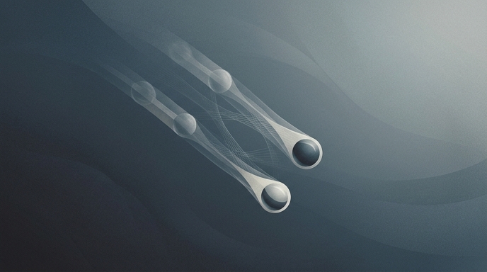 Dos esferas representando átomos de helio caen en paralelo, conectadas por ondas que simbolizan el entrelazamiento.