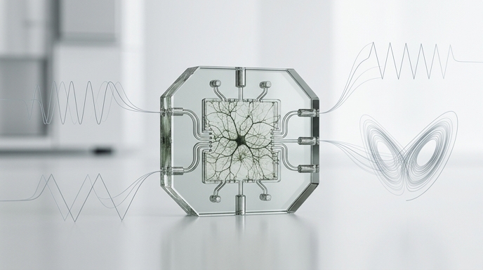 ** Neurona biológica integrada en un dispositivo microfluídico generando formas de onda y un atractor de Lorenz, en un estilo editorial premium.