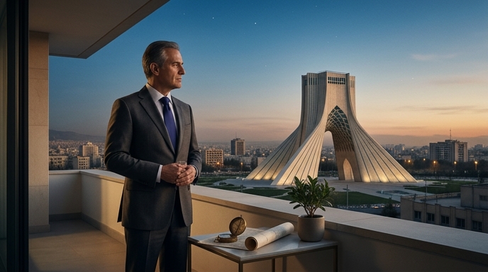 Un enviado de la ONU en una terraza de Teherán mirando hacia la Torre Azadi al atardecer, representando la misión diplomática.