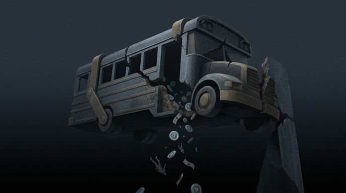 Alt text: Ilustración de un autobús de batalla de piedra roto que derrama monedas y una silueta humana que cae.