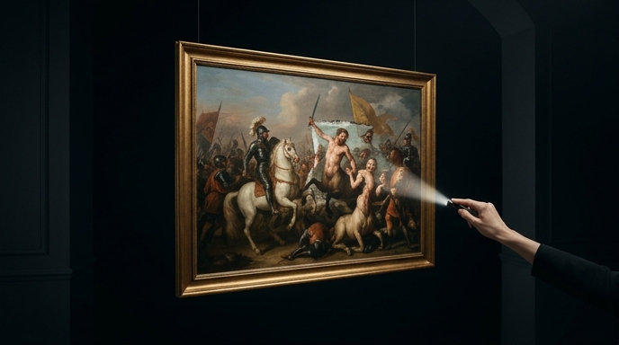 Un cuadro de batalla histórico con figuras de centauros deformes es examinado de cerca con una linterna en la oscuridad.