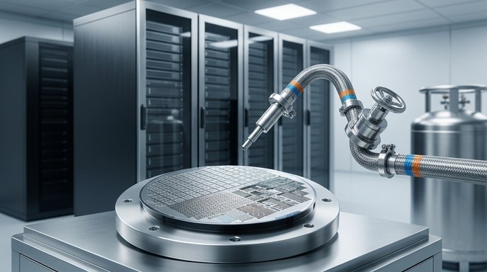 Un primer plano técnico de una oblea de silicio sobre un soporte metálico, rodeada por bastidores de servidores de fondo, con un tubo de suministro de gas metálico que introduce un gas invisible.