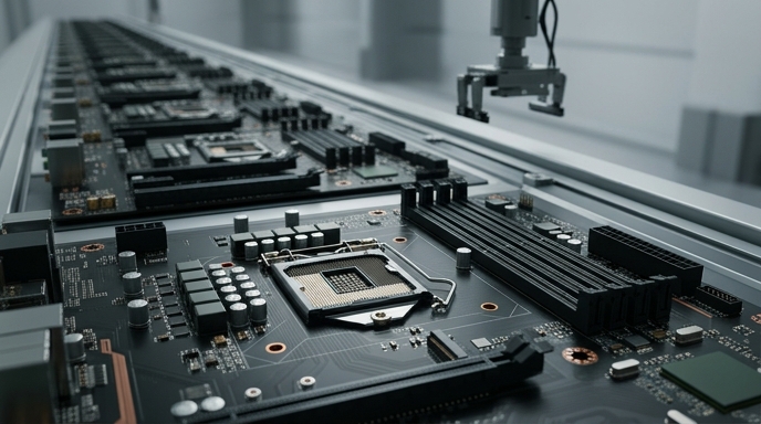 Un primer plano de placas base en una línea de montaje, con zócalos de CPU vacíos, que simboliza la escasez de procesadores.