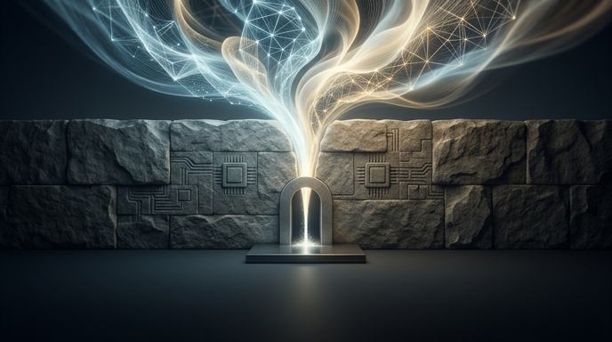 Una representación conceptual de la luz de IA fluyendo a través de una barrera de piedra dura con microchips integrados, simbolizando el cuello de botella de la potencia informática.