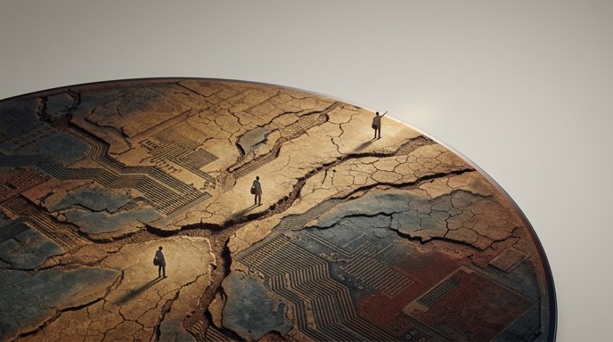 Un paisaje árido de silicona agrietada representando la escasez global de obleas de semiconductores.