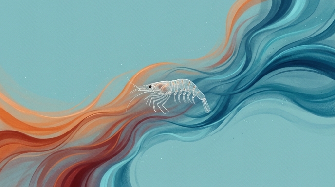 Un camarón de cristal transparente nada en agua con flujos orgánicos de color naranja y azul.