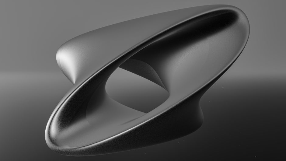 Renderizado 3D elegante de una escultura geométrica abstracta futurista con curvas suaves.