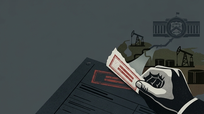 Ilustración editorial que muestra una mano quitando un sello rojo de sanción de un documento de la OFAC, abriendo el flujo de petróleo venezolano hacia el Tesoro de EE. UU.